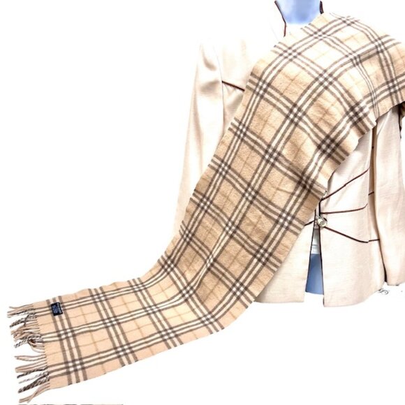 UnusedBurberry Of London Scarf 100% Lambwool Beige  gray  Plaid Check 64"x12"(15 - Picture 3 of 8